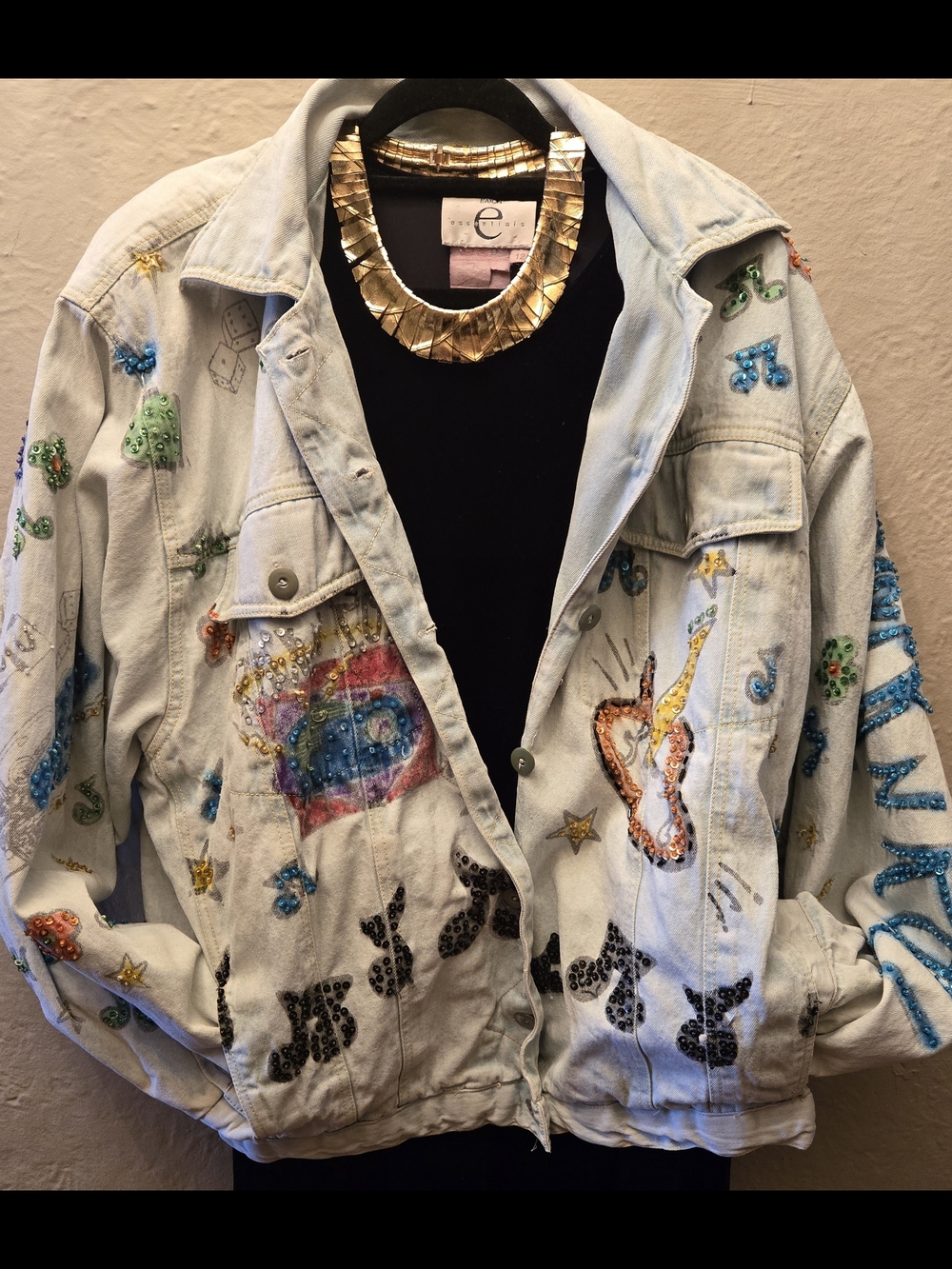 Vintage 1989 JOJOU Hand Beaded Denim Jacket Rock N Roll Art Graffiti Oversized